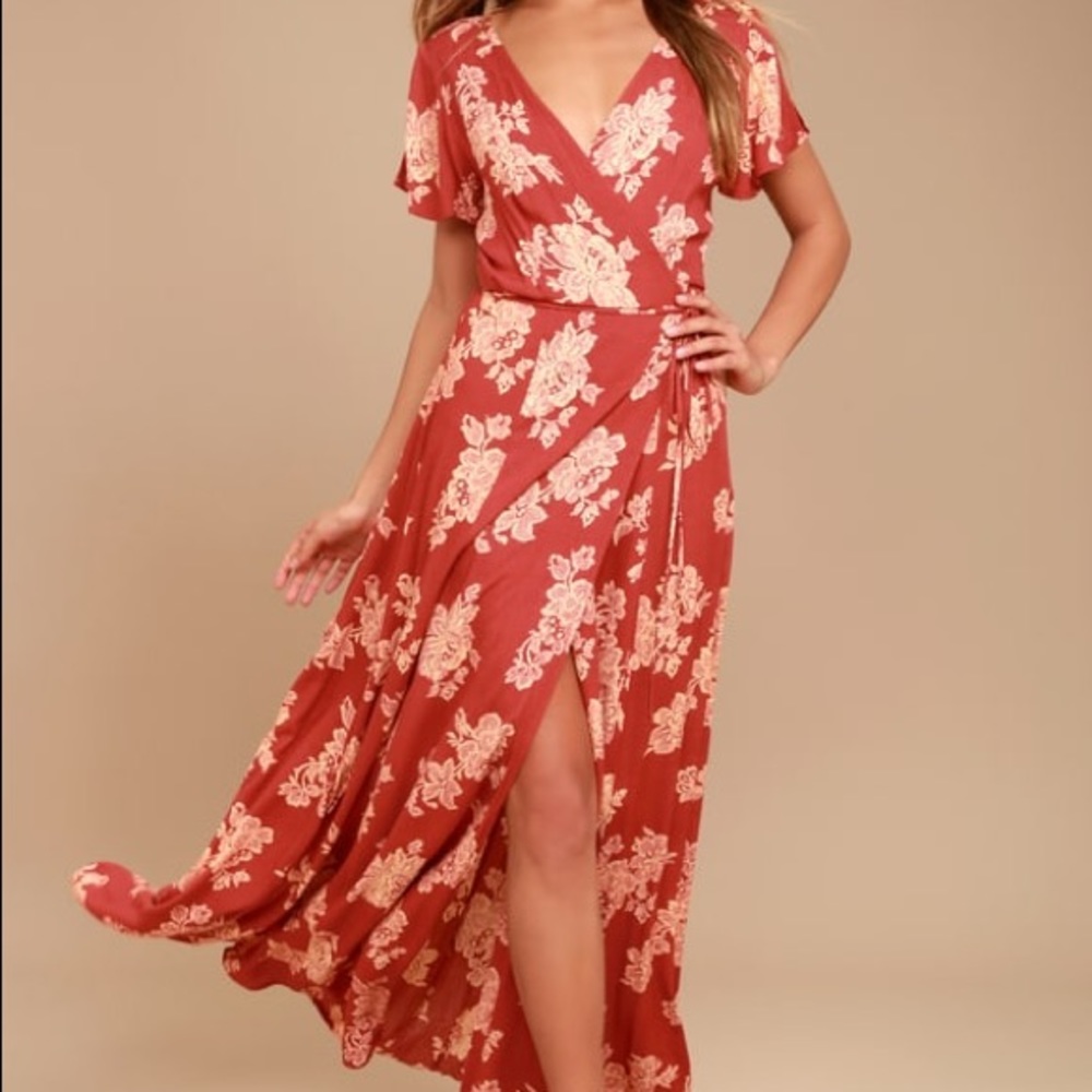 HEART OF MARIGOLD RUST RED FLORAL PRINT WRAP MAXI